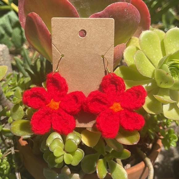 Hand Crafted Jewelry - 🎉HP🎉Handmade Crochet Red & Neon Orange Flower Earrings